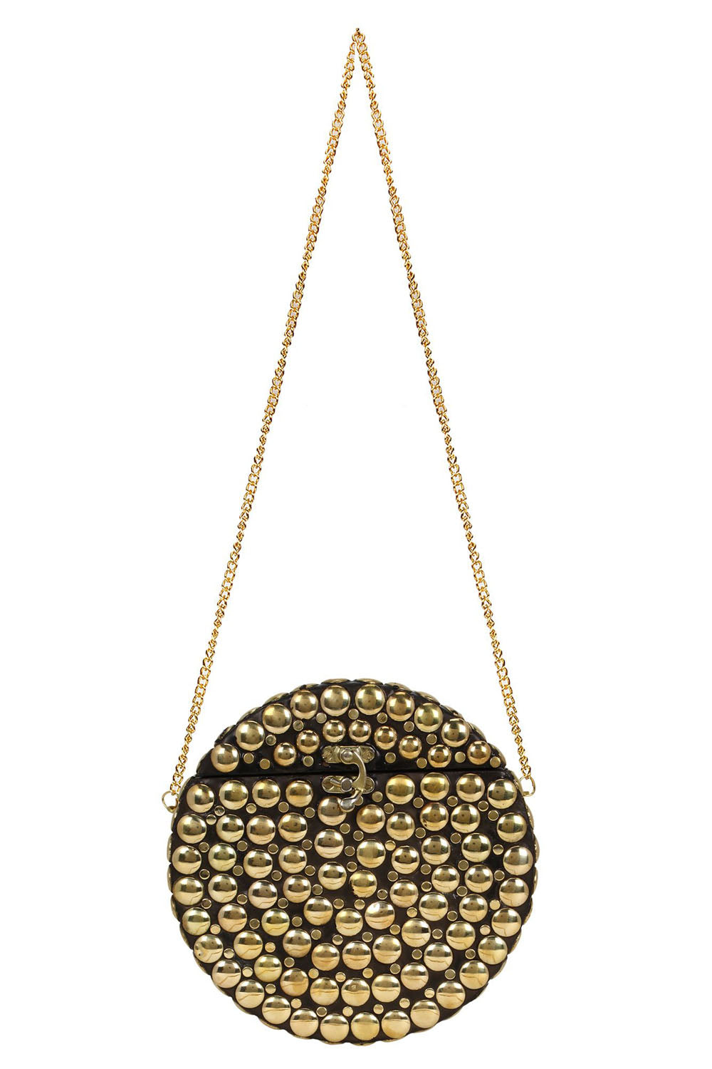 Designer Round Circular Metalwork Clutch in Black & Gold