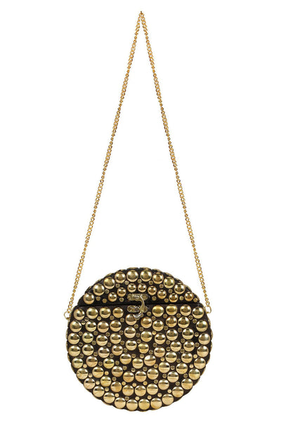 Designer Round Circular Metalwork Clutch in Black & Gold