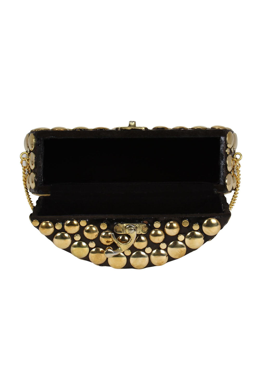Designer Round Circular Metalwork Clutch in Black & Gold