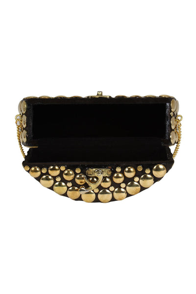 Designer Round Circular Metalwork Clutch in Black & Gold