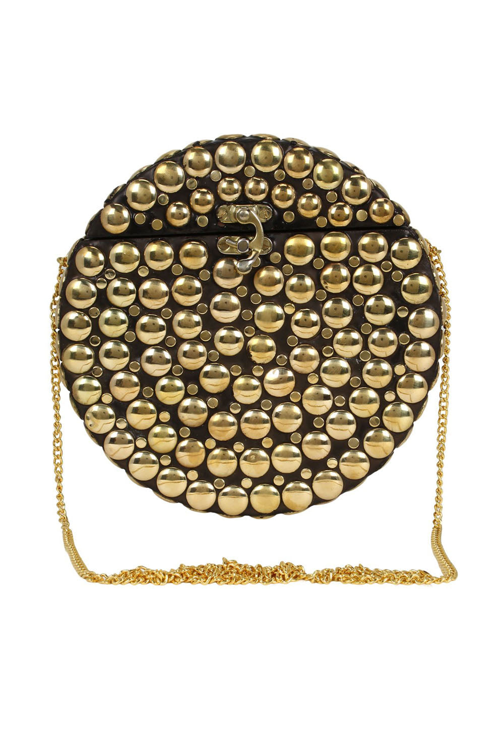 Designer Round Circular Metalwork Clutch in Black & Gold