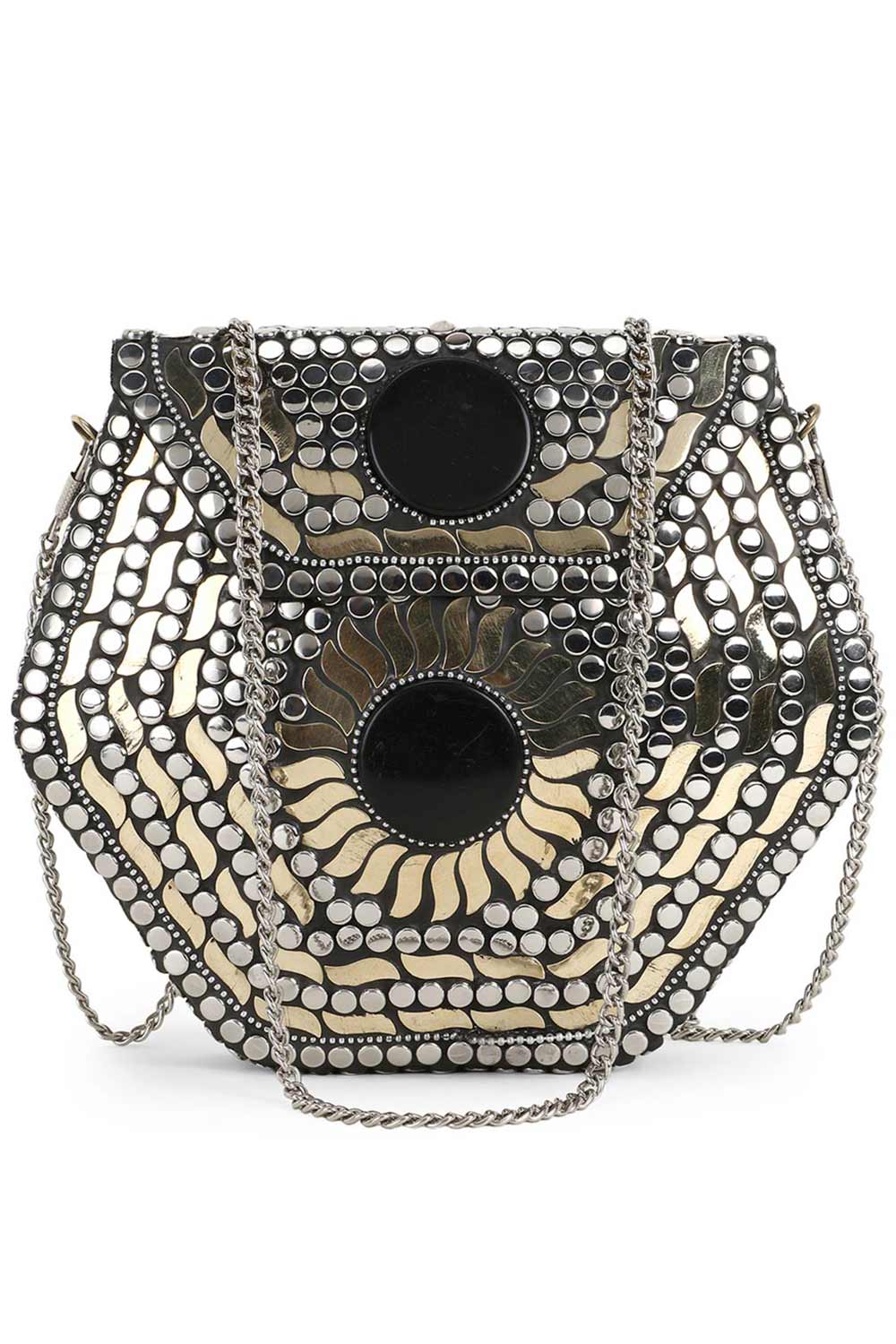 Designer Antique Silver Mosaic with Gold and Black Metalwork Clutch