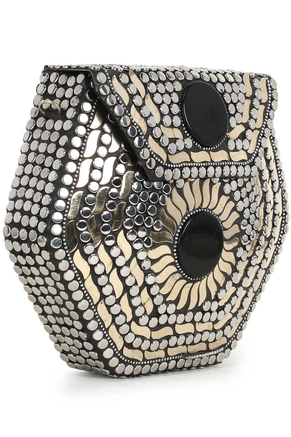 Designer Antique Silver Mosaic with Gold and Black Metalwork Clutch