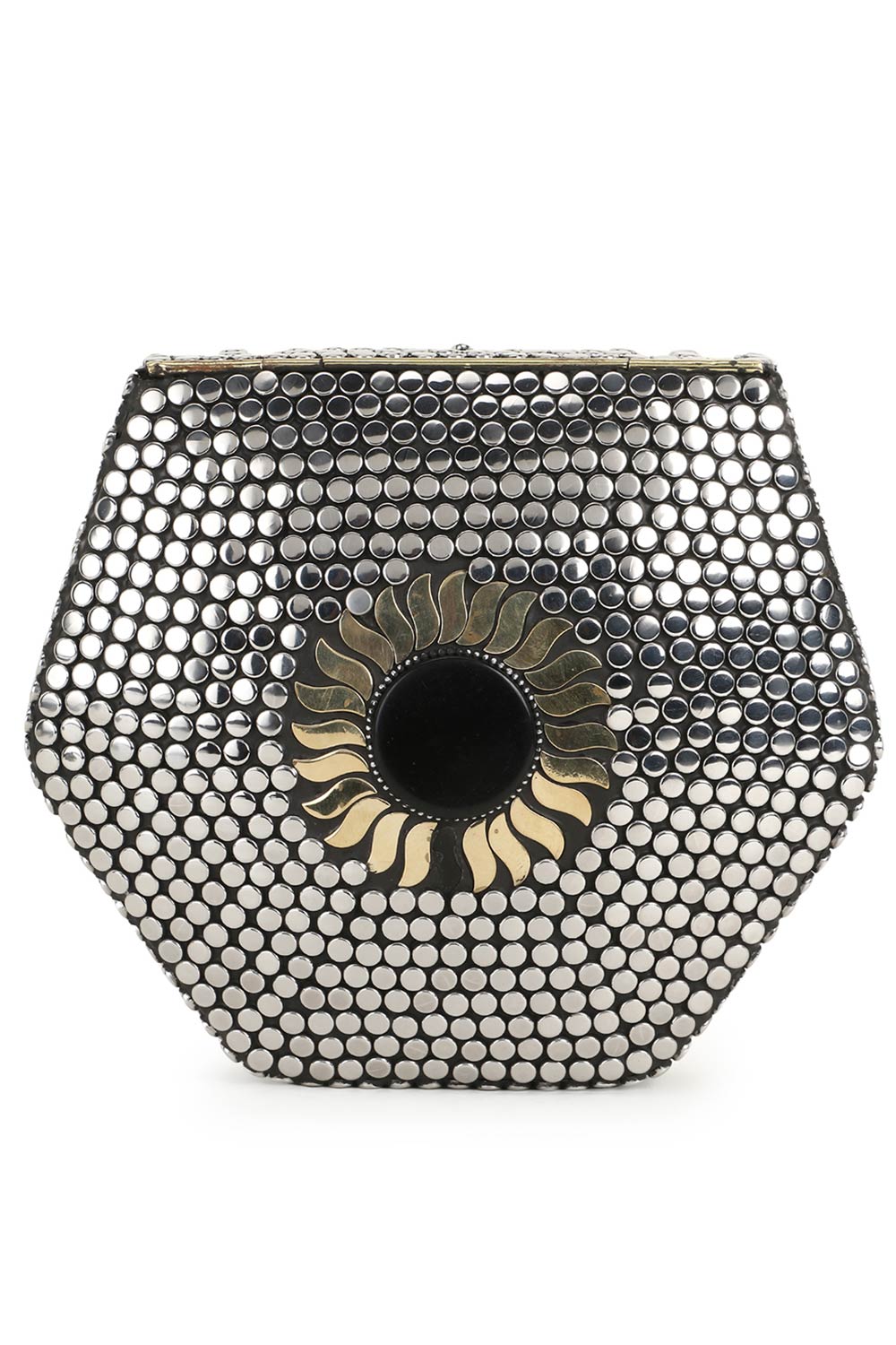 Designer Antique Silver Mosaic with Gold and Black Metalwork Clutch