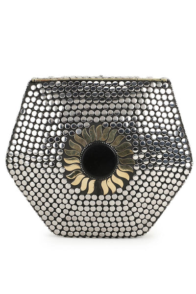 Designer Antique Silver Mosaic with Gold and Black Metalwork Clutch