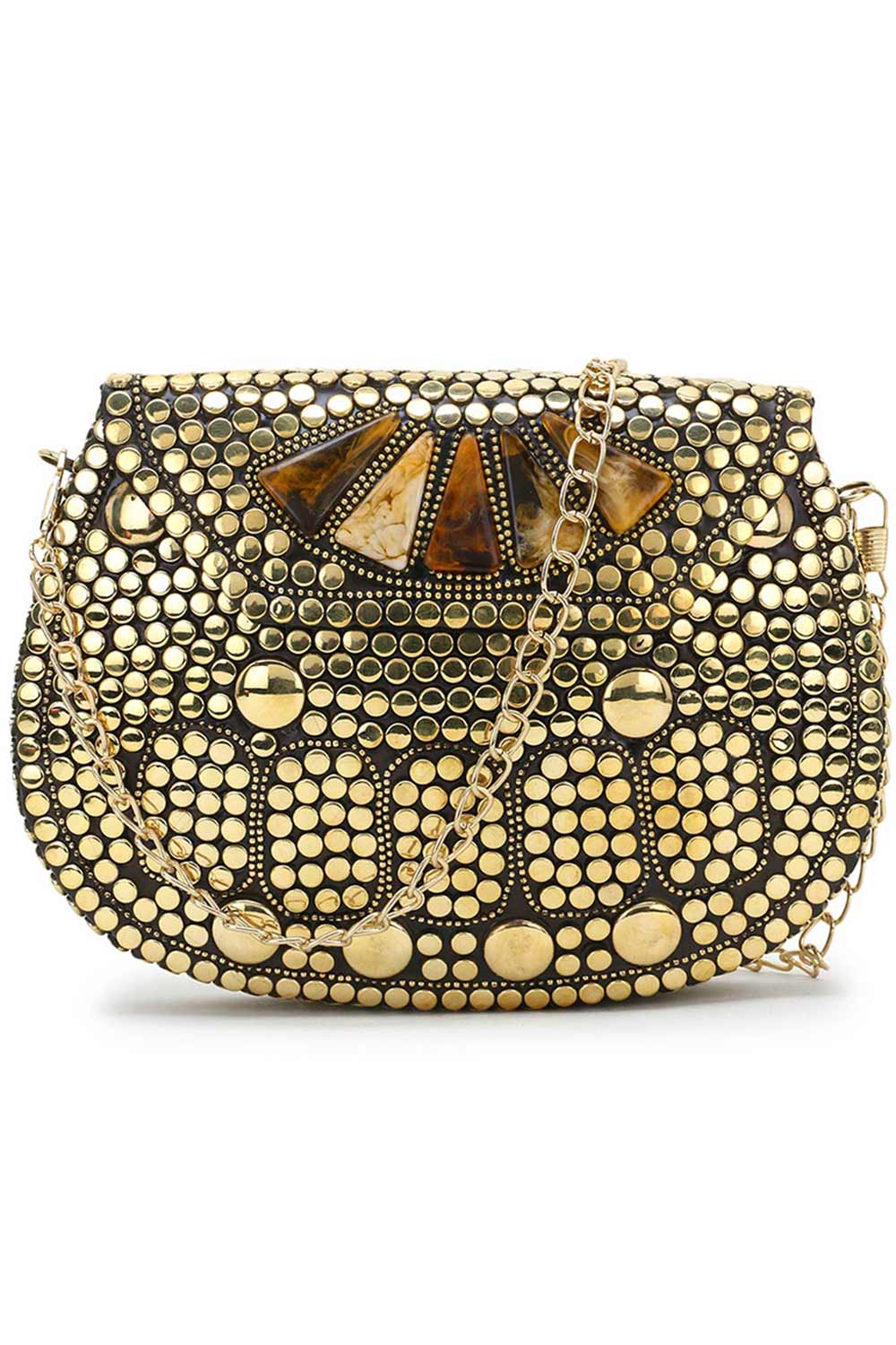 Designer Gold & Brown Metal Round Mosaic Clutch with Stone Work