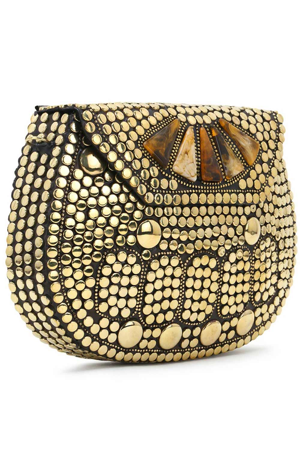 Designer Gold & Brown Metal Round Mosaic Clutch with Stone Work