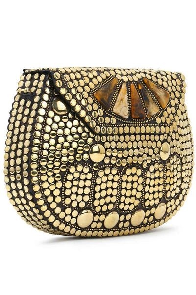 Designer Gold & Brown Metal Round Mosaic Clutch with Stone Work