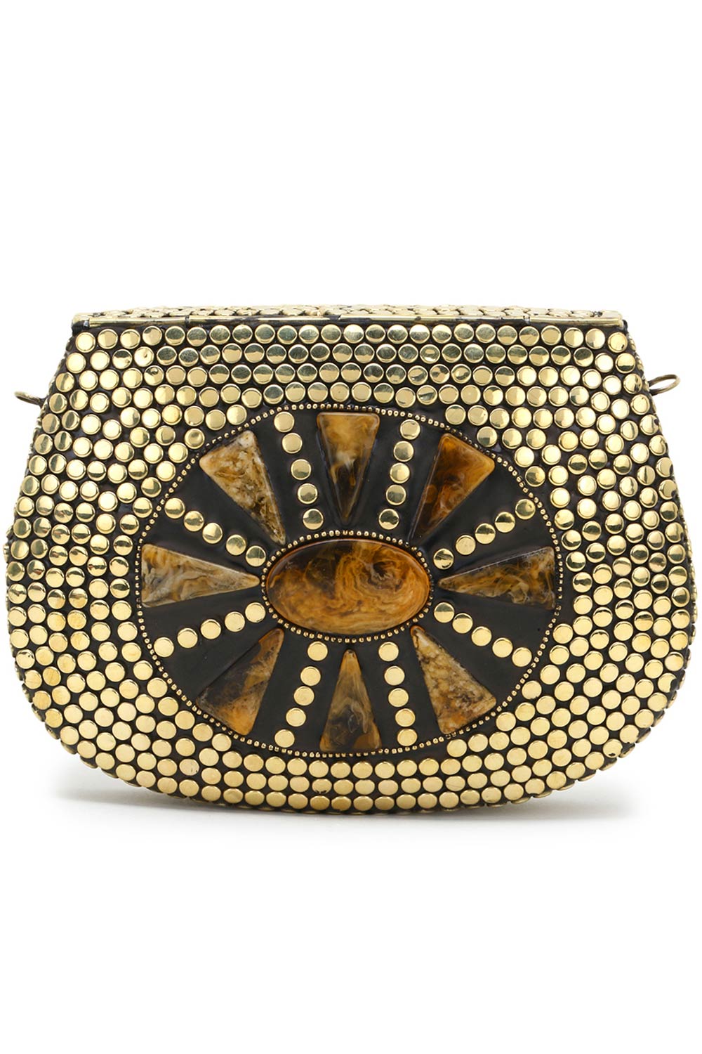 Designer Gold & Brown Metal Round Mosaic Clutch with Stone Work