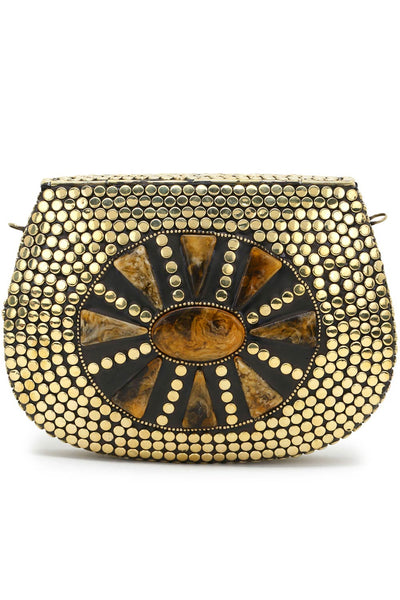 Designer Gold & Brown Metal Round Mosaic Clutch with Stone Work