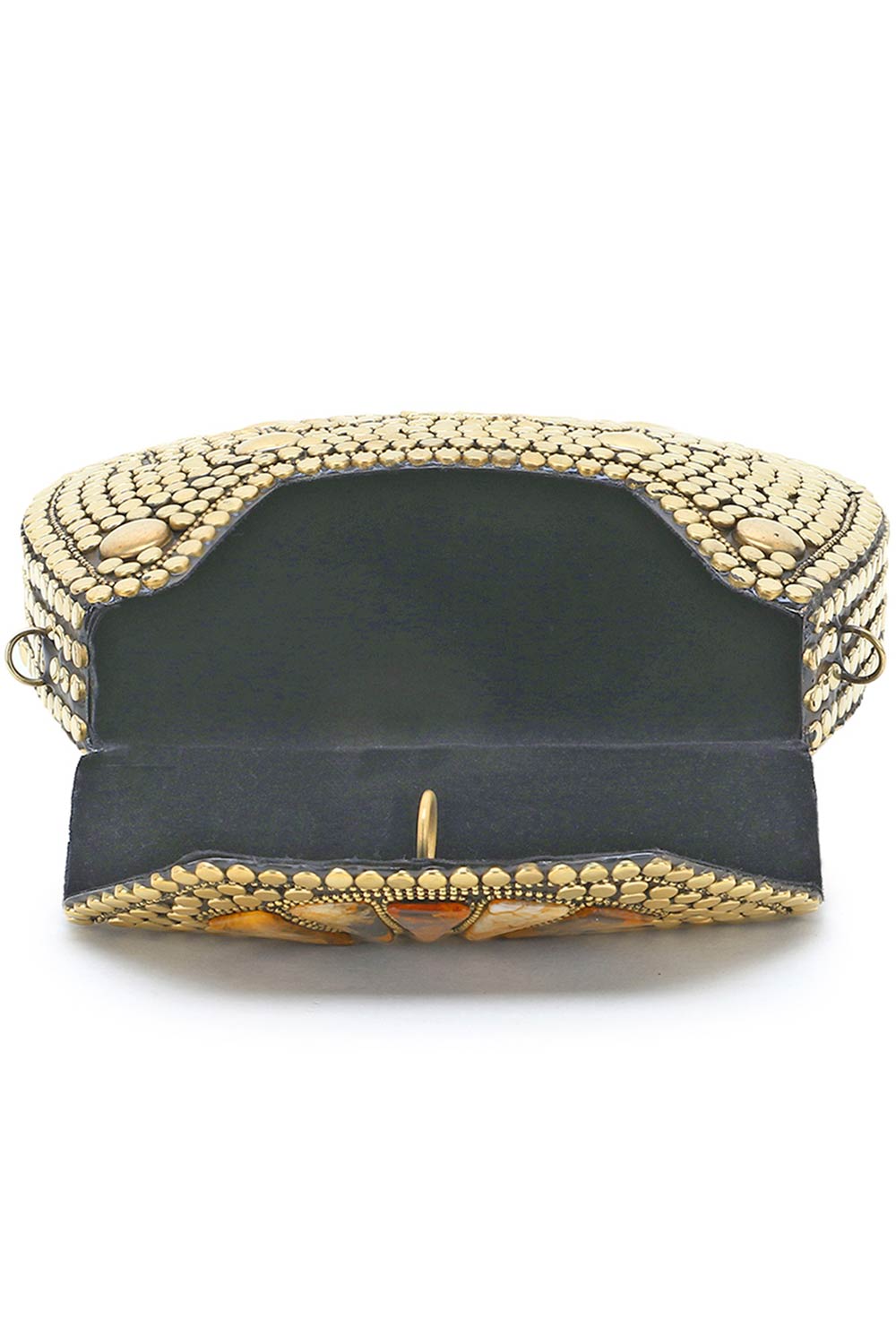 Designer Gold & Brown Metal Round Mosaic Clutch with Stone Work