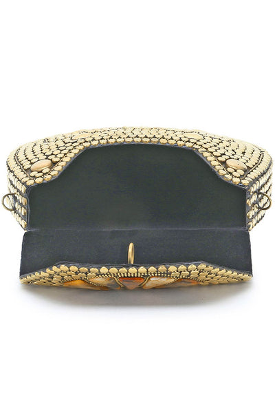 Designer Gold & Brown Metal Round Mosaic Clutch with Stone Work