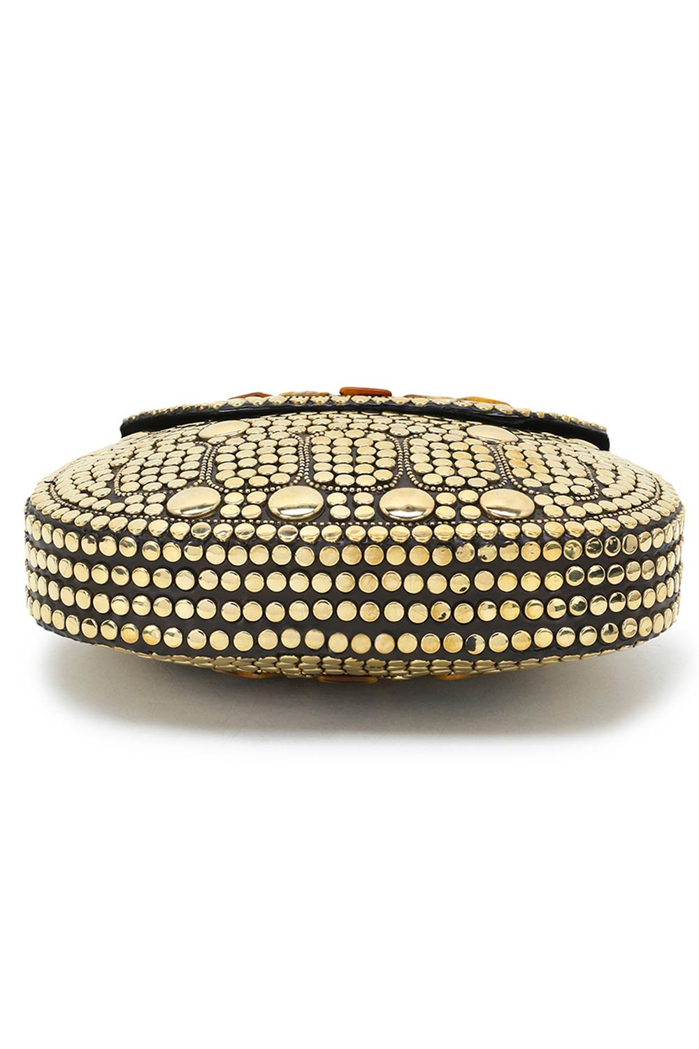 Designer Gold & Brown Metal Round Mosaic Clutch with Stone Work