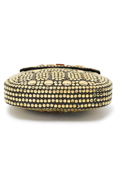 Designer Gold & Brown Metal Round Mosaic Clutch with Stone Work