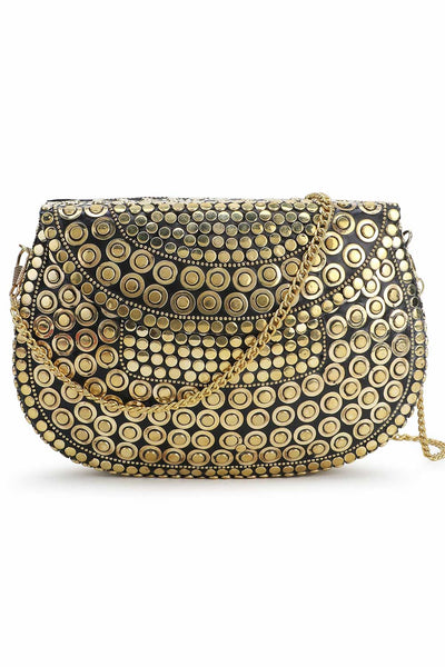 Designer Antique Gold Metal Mosaic Semi-Round Clutch