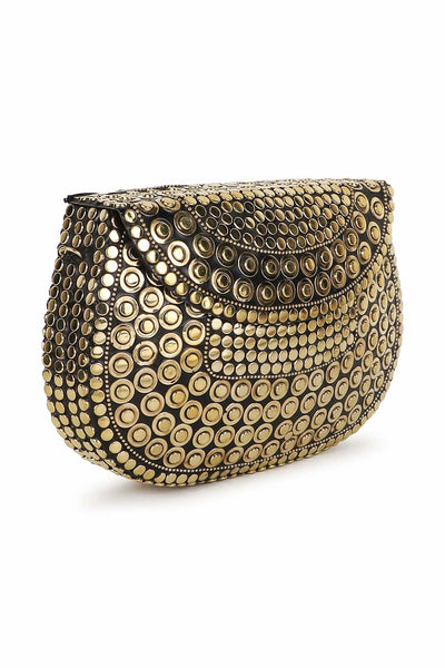 Designer Antique Gold Metal Mosaic Semi-Round Clutch