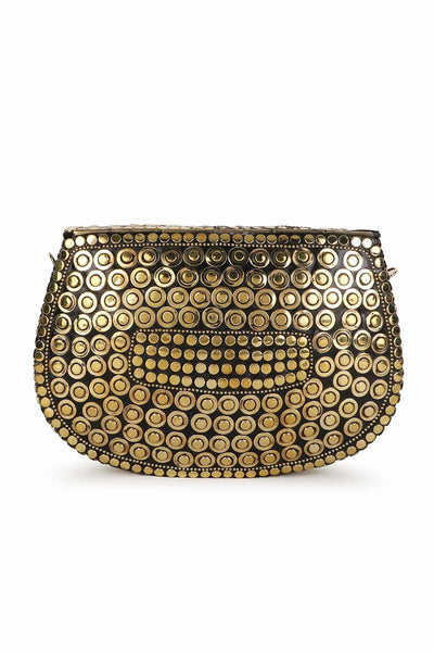 Designer Antique Gold Metal Mosaic Semi-Round Clutch