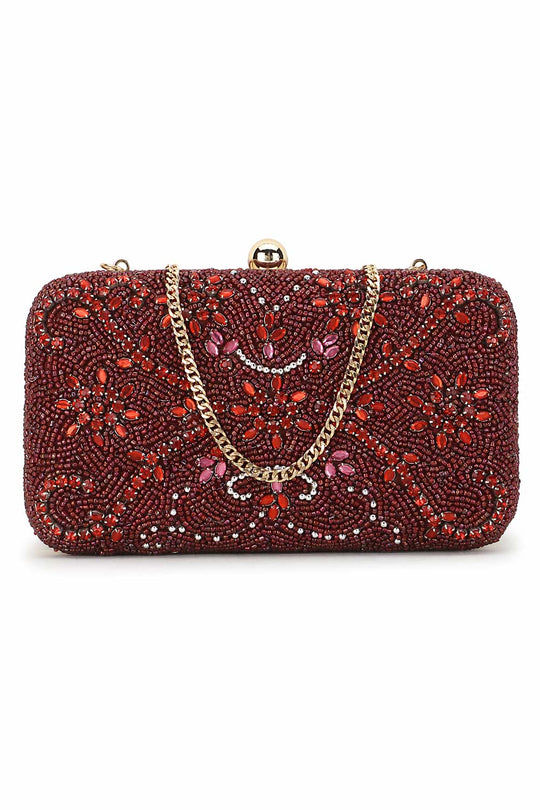 Designer Maroon Silk Embroidered Clutch