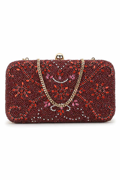 Designer Maroon Silk Embroidered Clutch