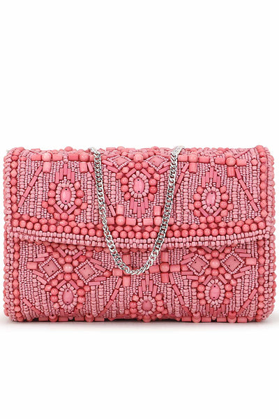 Designer Pink &Silver  Silk Ethnic Motifs Embellished Clutch