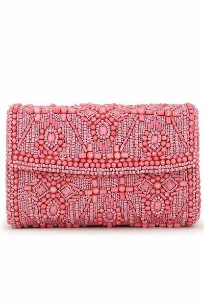 Designer Pink &Silver  Silk Ethnic Motifs Embellished Clutch