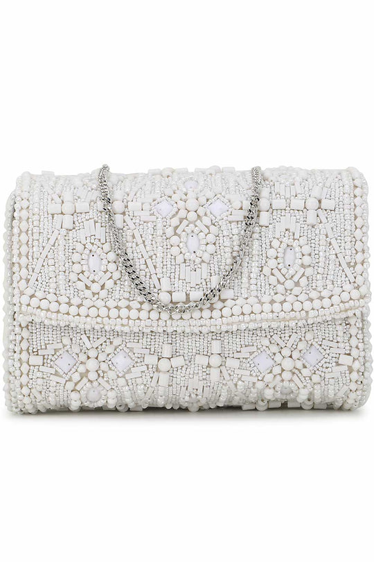 Designer White & Silver Beadwork Clutch