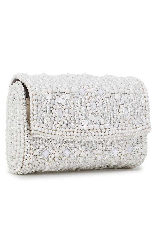 Designer White & Silver Beadwork Clutch