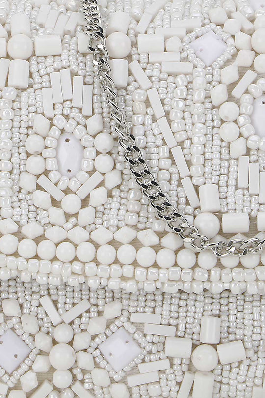 Designer White & Silver Beadwork Clutch
