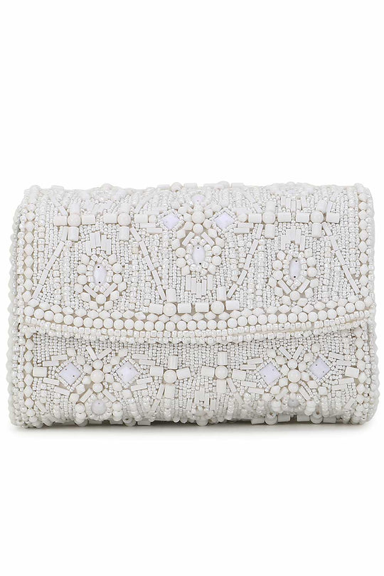 Designer White & Silver Beadwork Clutch