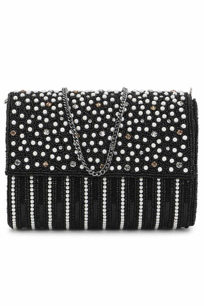 Designer Black Silk Bead & Pearls Striped Evening Bag