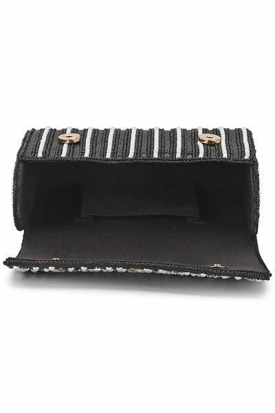 Designer Black Silk Bead & Pearls Striped Evening Bag