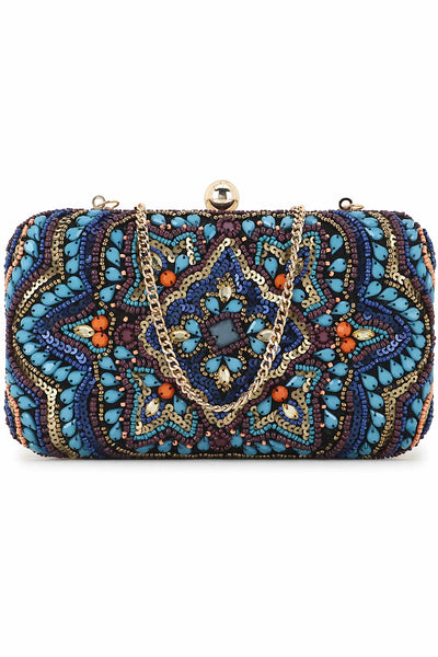 Designer Turquoise Blue &Multi Canvas Ethnic Motifs Embellished Clutch