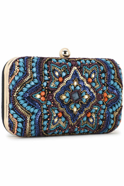 Designer Turquoise Blue &Multi Canvas Ethnic Motifs Embellished Clutch