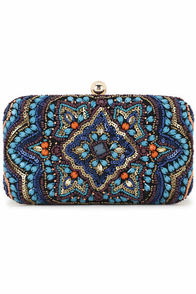 Designer Turquoise Blue &Multi Canvas Ethnic Motifs Embellished Clutch