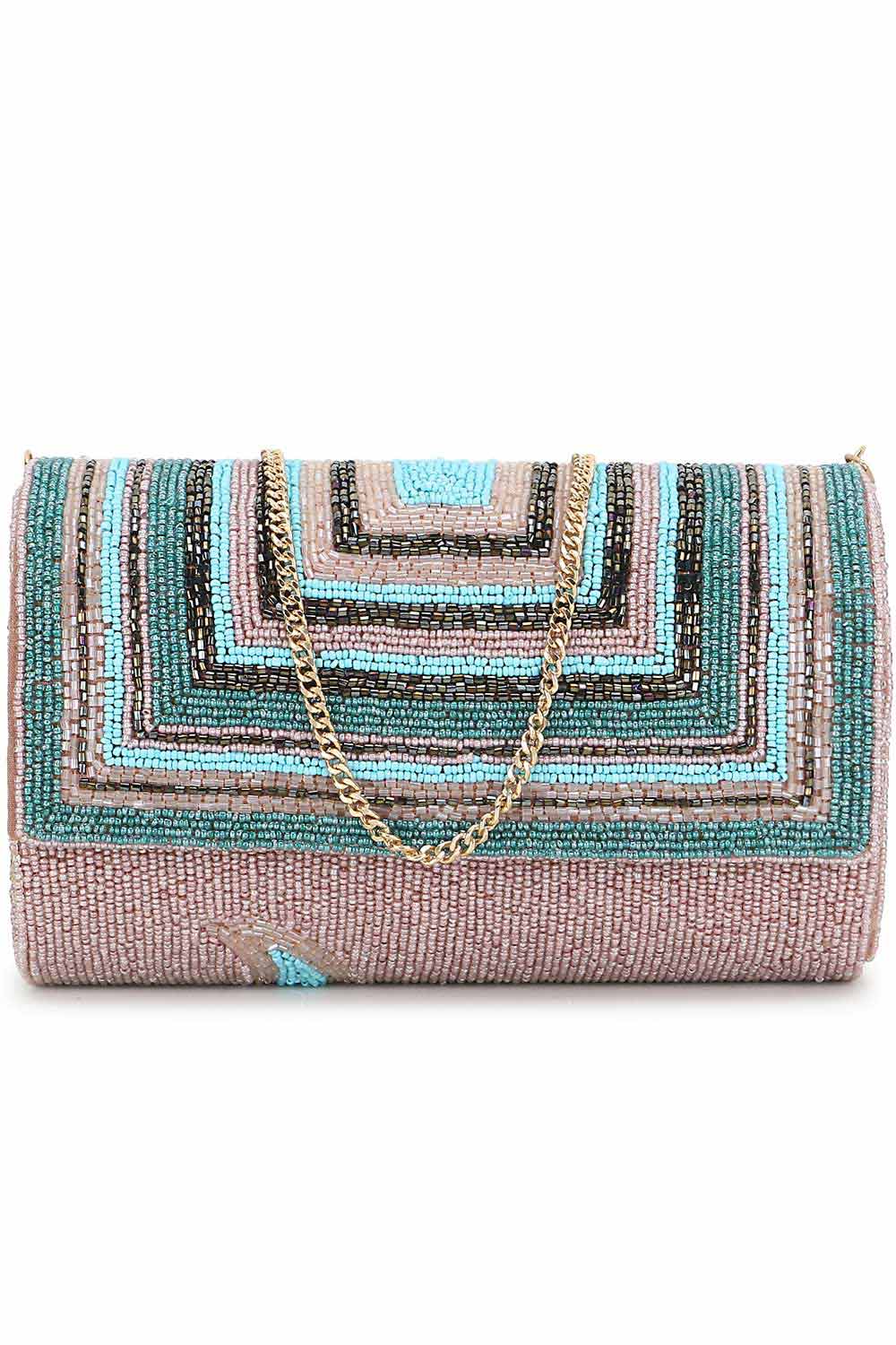 Designer Pink &Multi  Silk Geometric Embellished Clutch