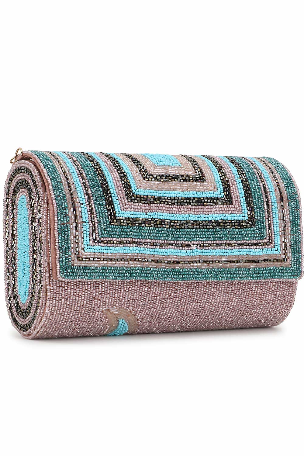 Designer Pink &Multi  Silk Geometric Embellished Clutch