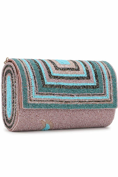 Designer Pink &Multi  Silk Geometric Embellished Clutch