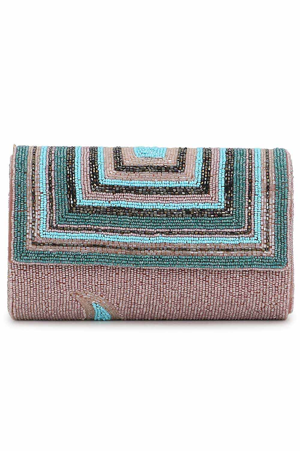 Designer Pink &Multi  Silk Geometric Embellished Clutch