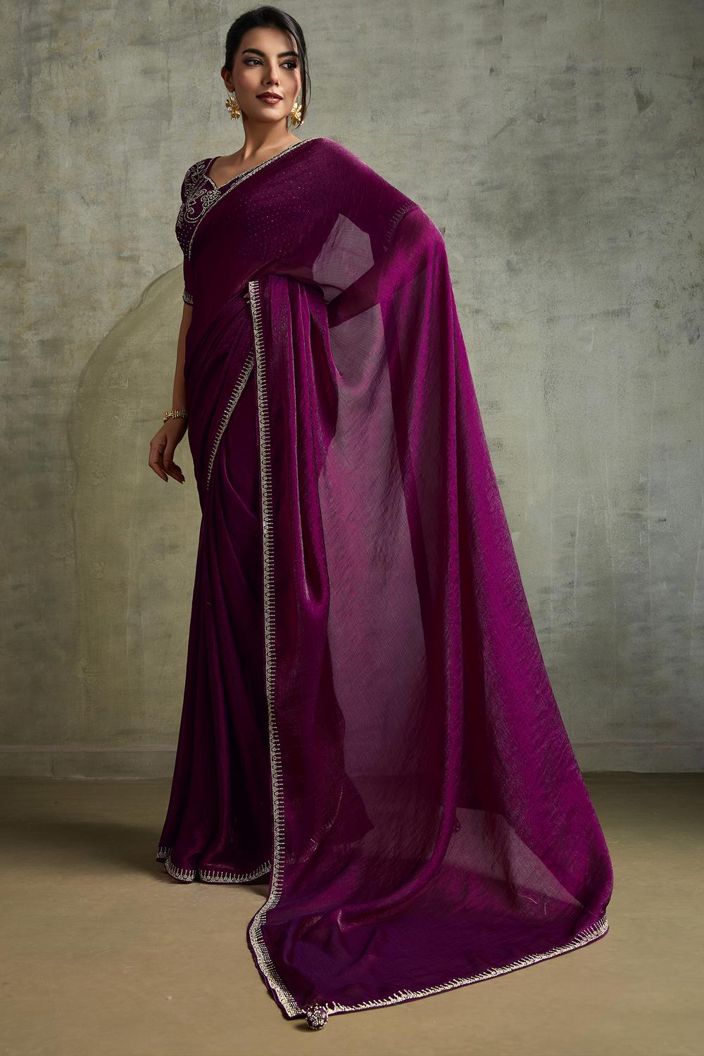 Melia Wine Chiffon Embellished Zarkan Border Ready to Wear Saree