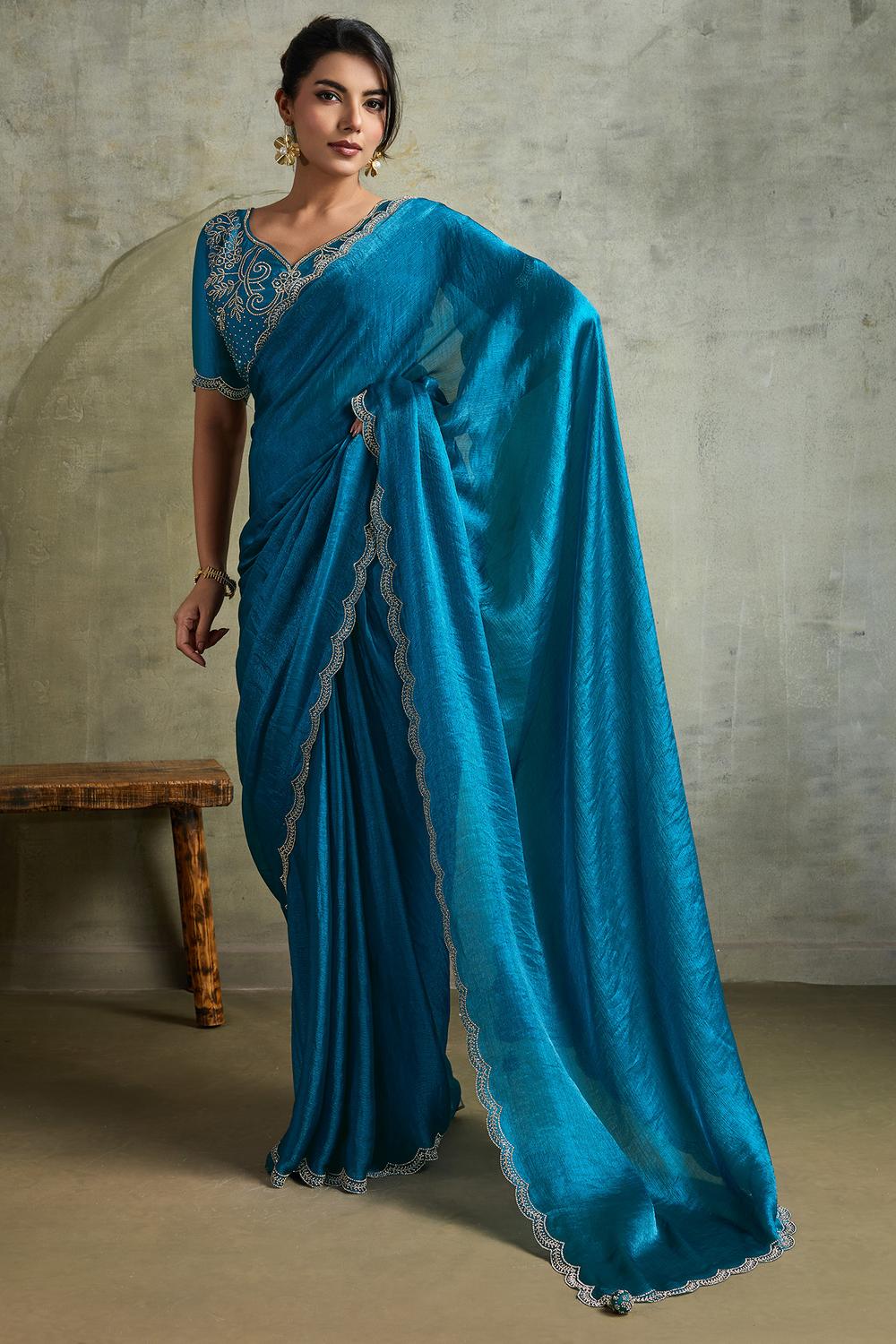 Melia Blue Chiffon Embellished Zarkan Border Ready to Wear Saree