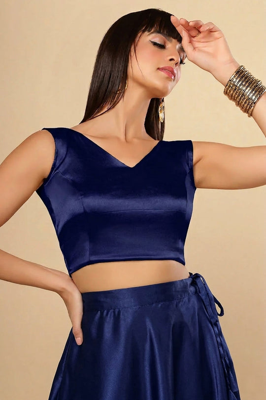 Amiya Dark Blue Satin Comfort Stretch  V Neck Sleeveless Blouse