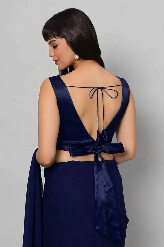 Ana Dark Blue Satin Comfort Stretch  Deep V Sleeveless Blouse with Bow