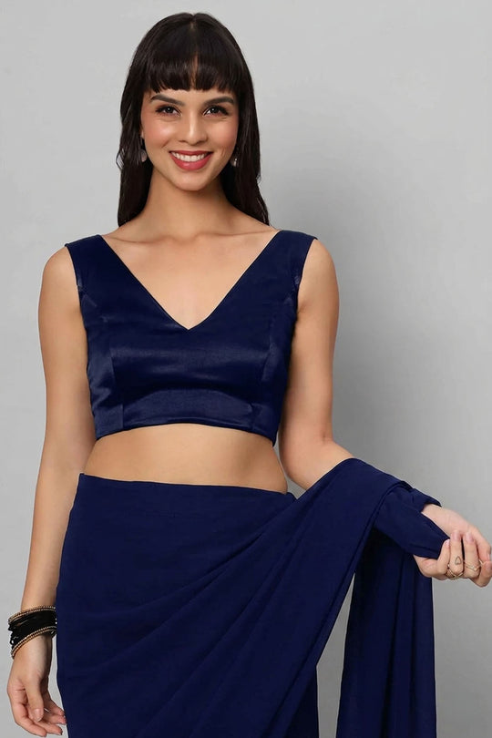 Ana Dark Blue Satin Comfort Stretch  Deep V Sleeveless Blouse with Bow