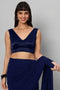 Ana Dark Blue Satin Comfort Stretch  Deep V Sleeveless Blouse with Bow