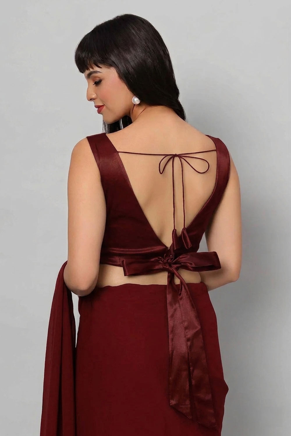 Ana Red Satin Comfort Stretch  Deep V Sleeveless Blouse with Bow