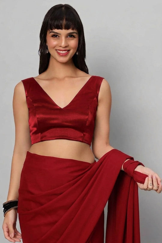 Ana Red Satin Comfort Stretch  Deep V Sleeveless Blouse with Bow
