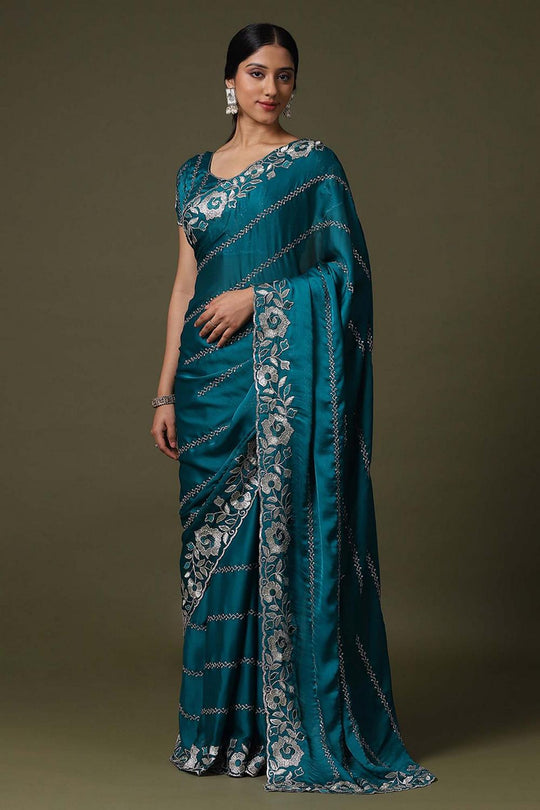 Uma Teal Blue Satin Silk with Embroidered Border Ready to Wear Saree