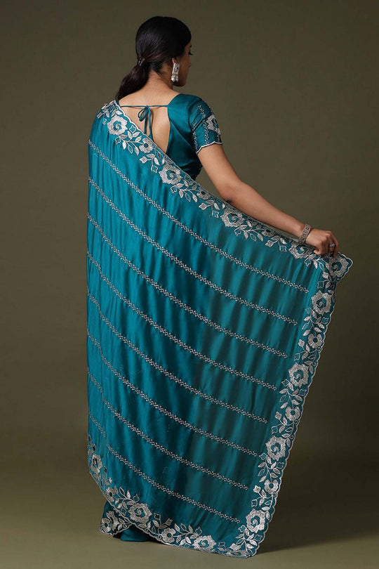 Uma Teal Blue Satin Silk with Embroidered Border Ready to Wear Saree