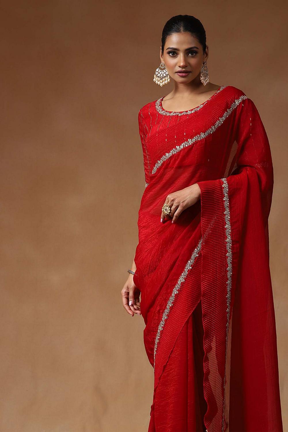 Shayla Red Tissue Subtle Embellished Border Ready to Wear Saree