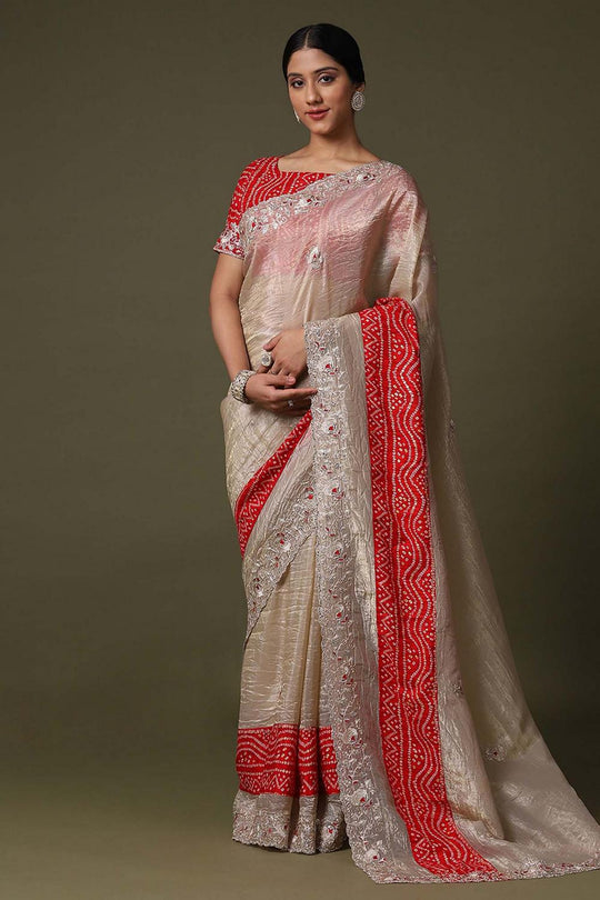 Nisha Cream Tissue with Embellished Border Ready to Wear Saree